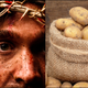 Jesus, left, and a sack of non-sacred potatoes, right